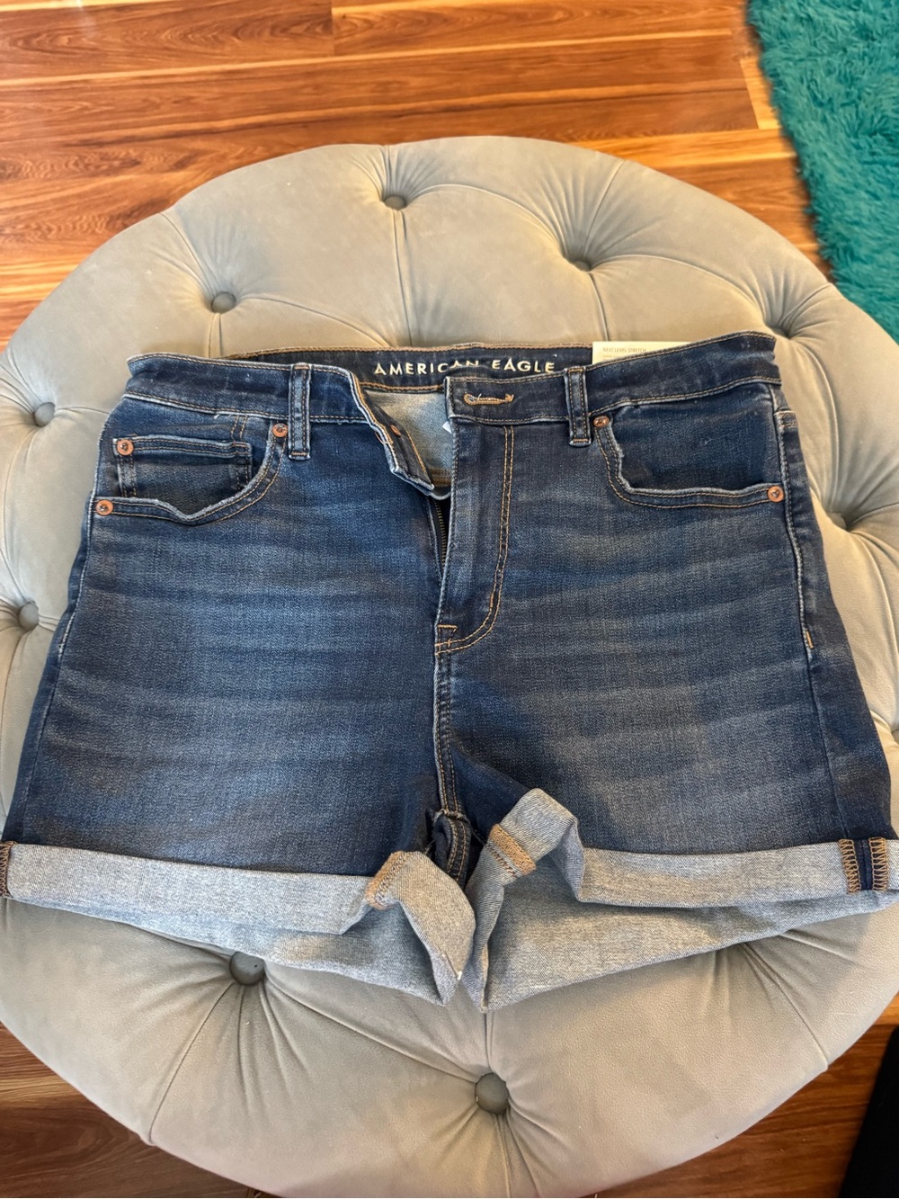 American Eagle Dark Blue Women's Super High Rise Shortie Denim Shorts NWT 12